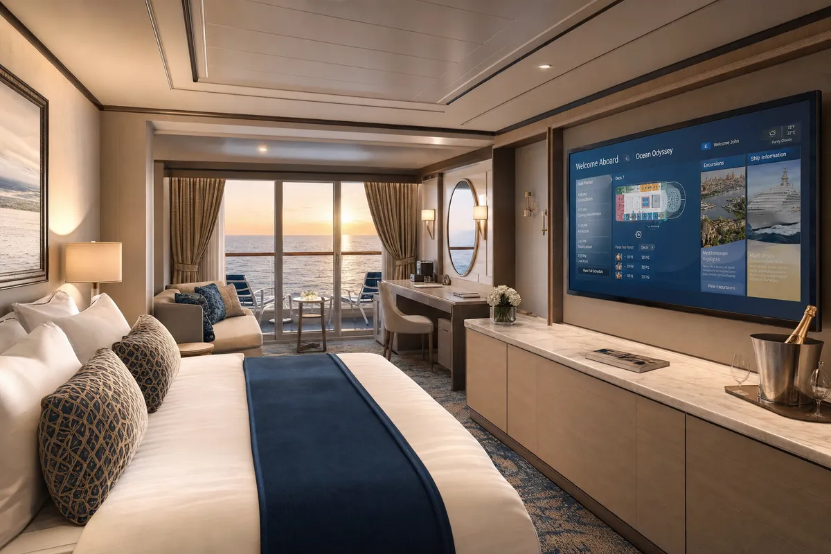 Cruise ship cabin with AdVision Connect onboard interface