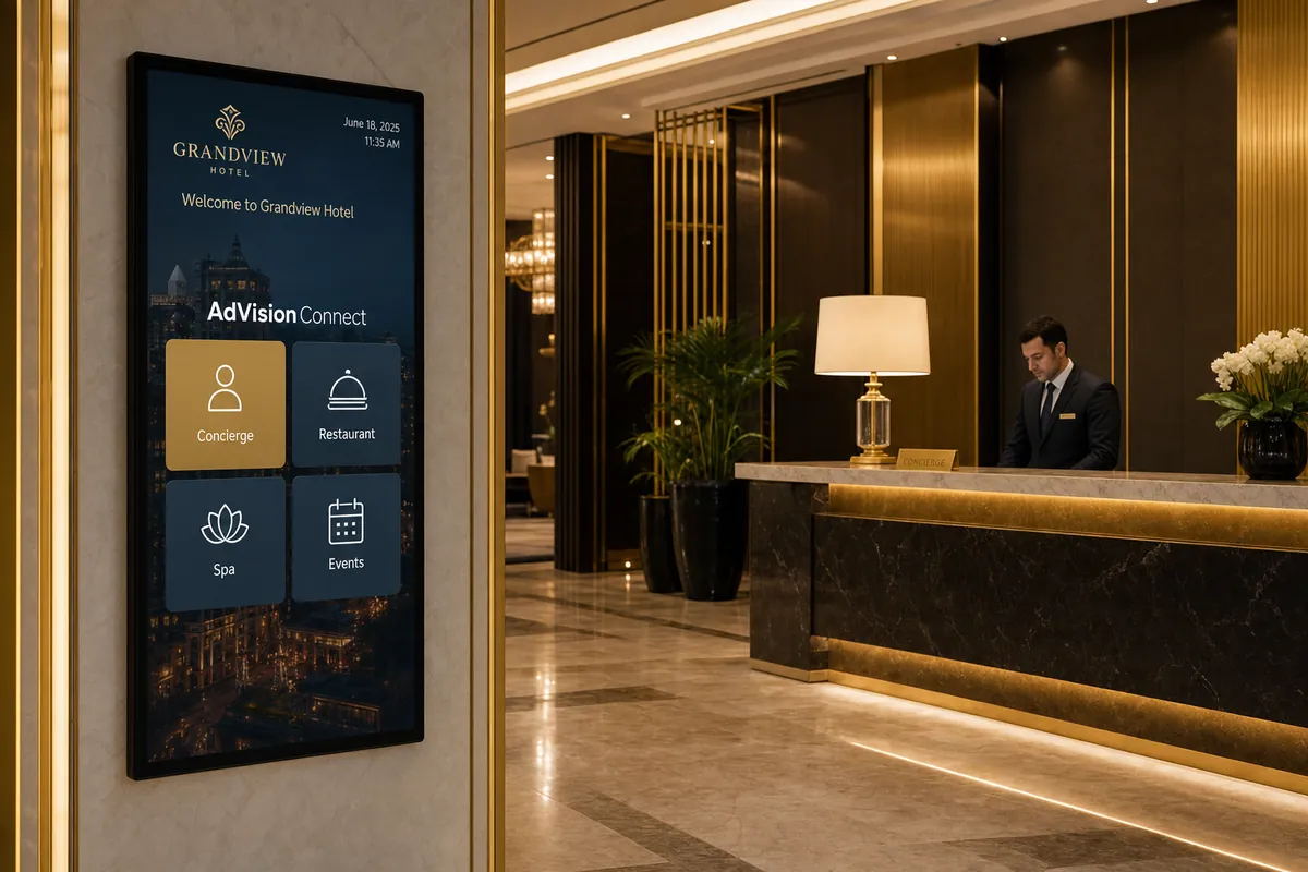 Hotel lobby with AdVision Connect digital welcome display