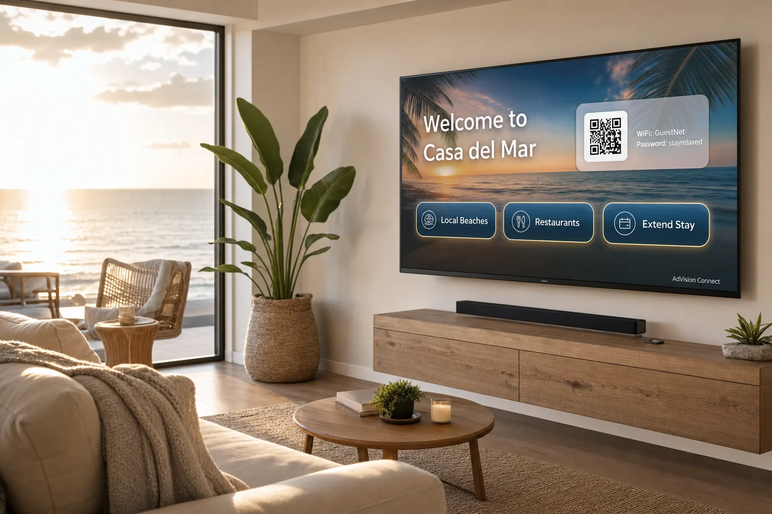 Vacation rental TV showing an AdVision Connect welcome interface with WiFi QR and local services